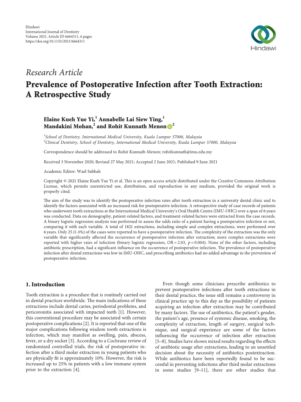 Prevalence of Postoperative Infection After Tooth Extraction: a Retrospective Study