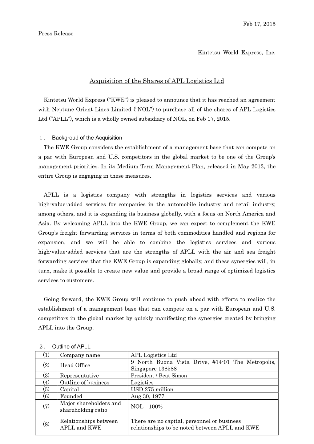 Acquisition of the Shares of APL Logistics Ltd