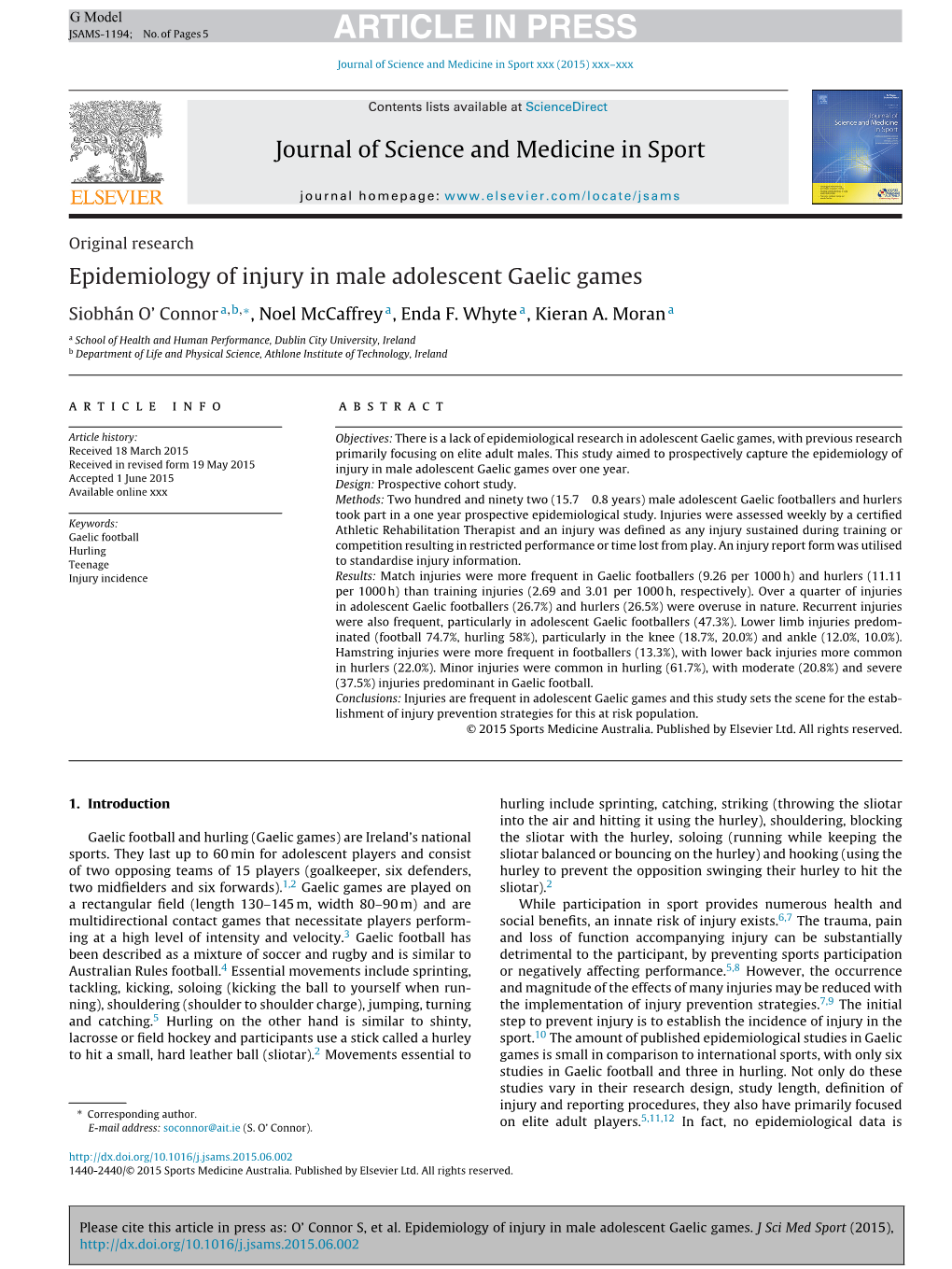 Epidemiology of Injury in Male Adolescent Gaelic Games