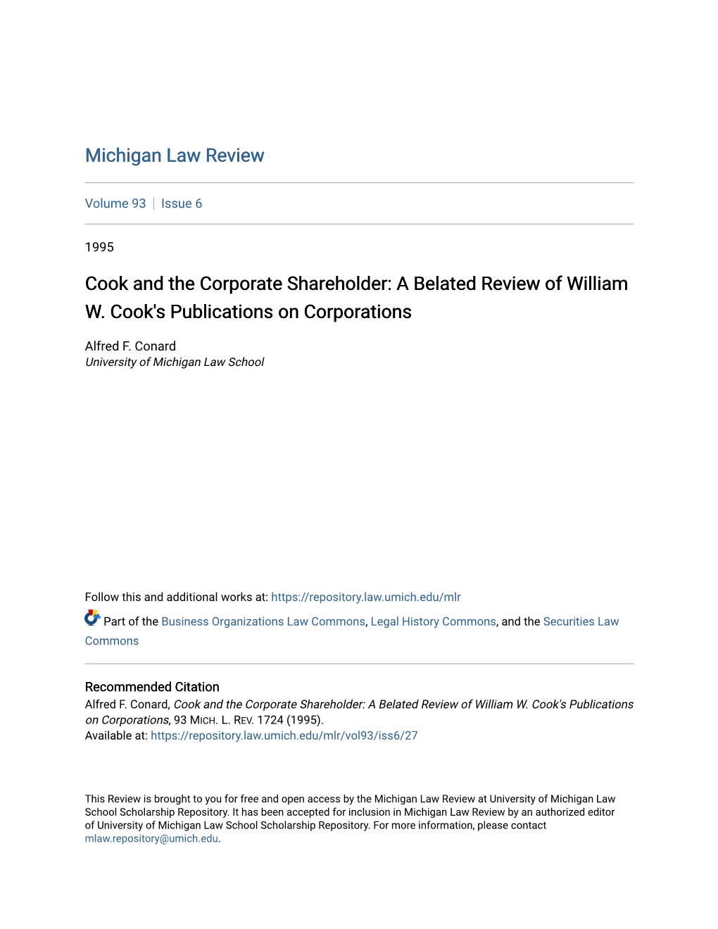 A Belated Review of William W. Cook's Publications on Corporations