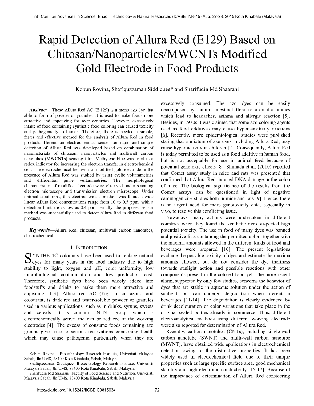 Rapid Detection of Allura Red (E129) Based on Chitosan/Nanoparticles/Mwcnts Modified Gold Electrode in Food Products