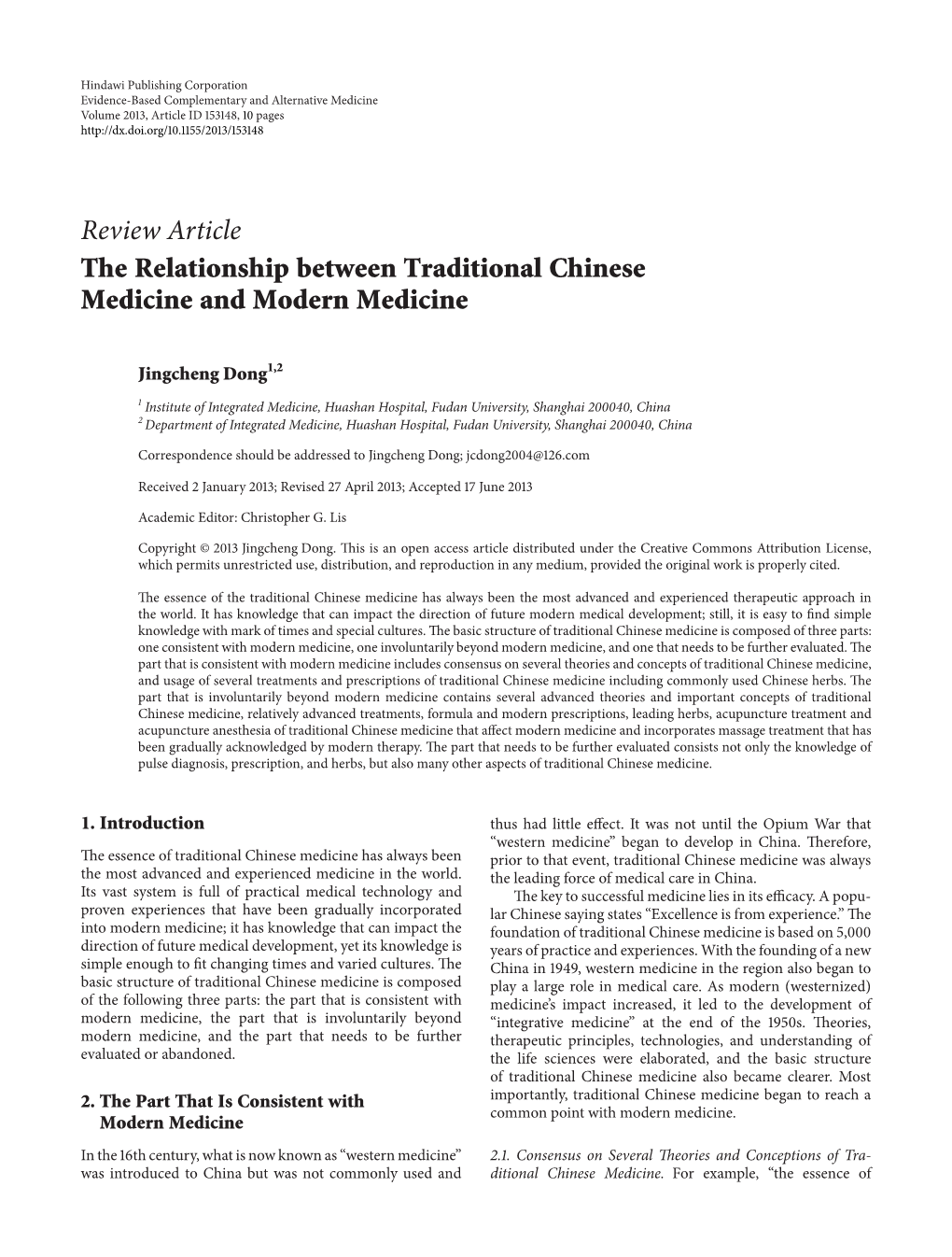 Review Article the Relationship Between Traditional Chinese Medicine and Modern Medicine