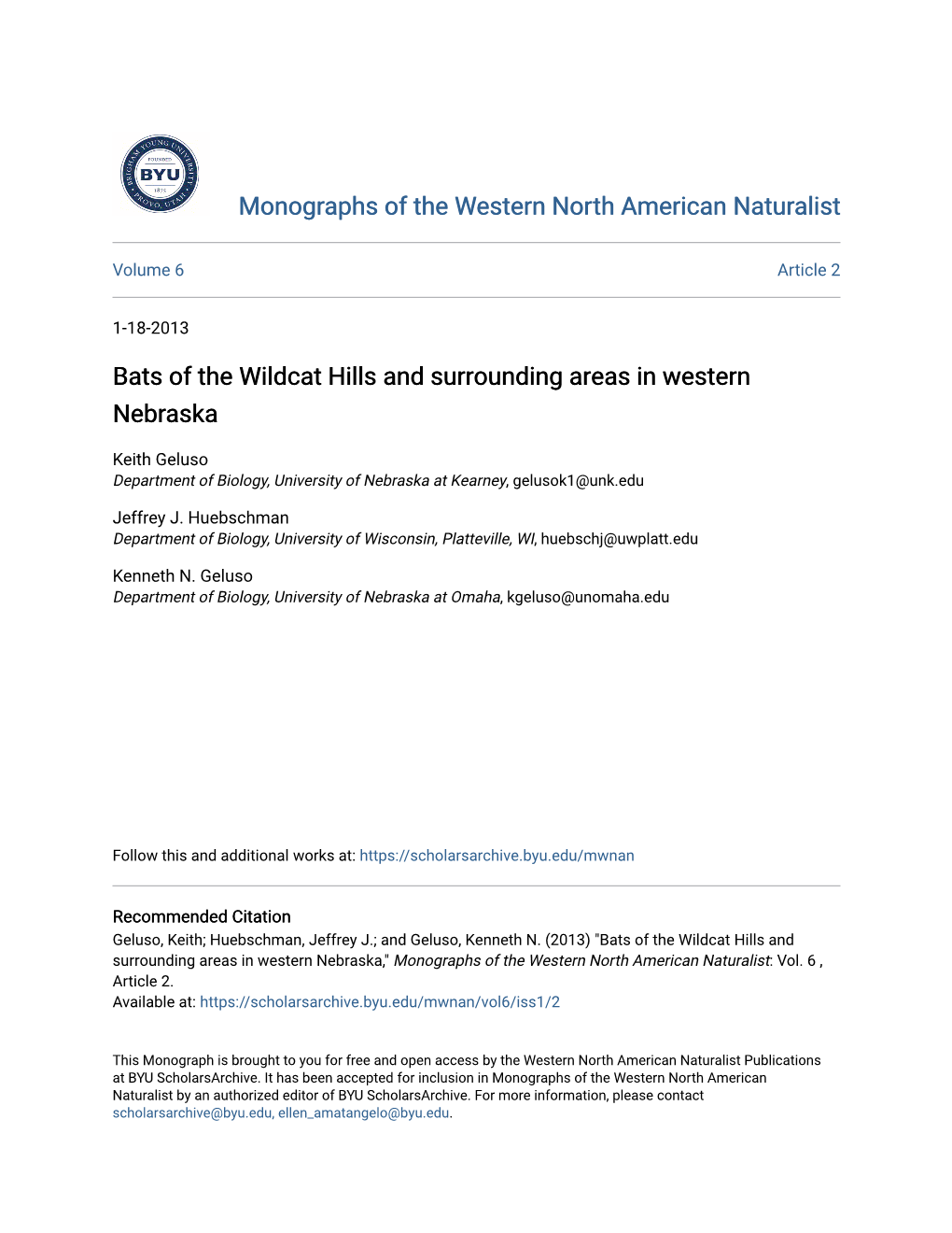 Bats of the Wildcat Hills and Surrounding Areas in Western Nebraska