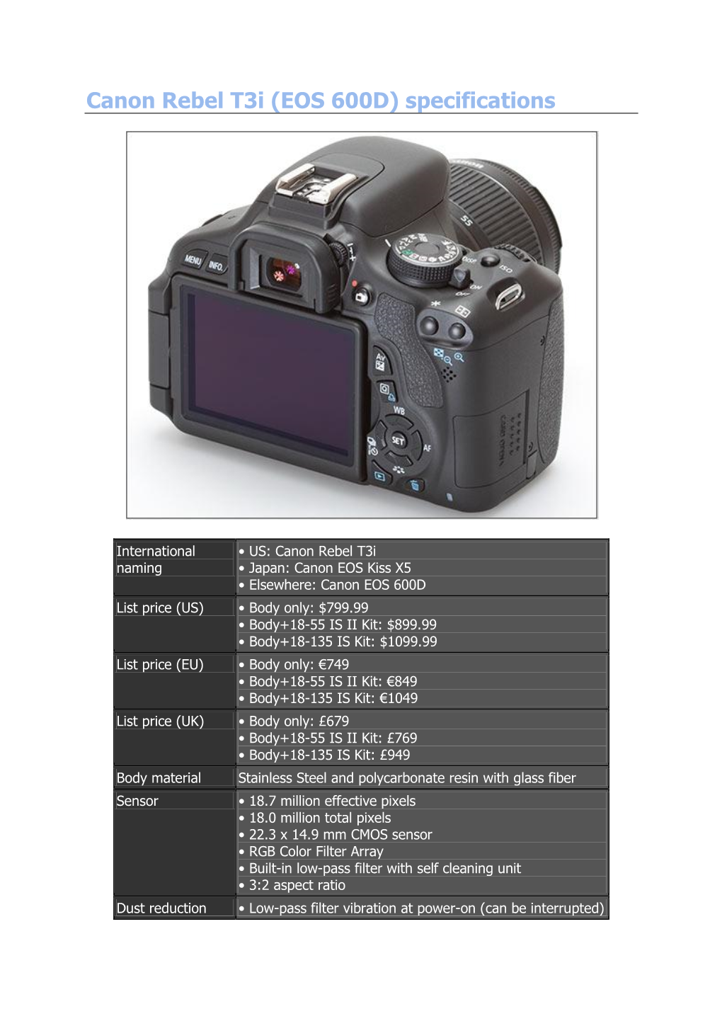 Canon Rebel T3i (EOS 600D) Specifications