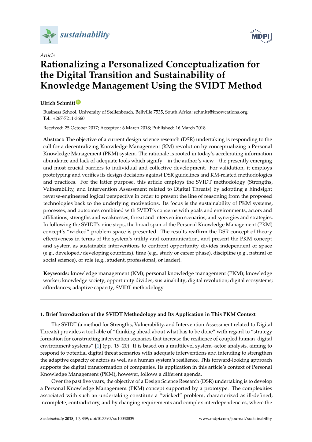 Rationalizing a Personalized Conceptualization for the Digital Transition and Sustainability of Knowledge Management Using the SVIDT Method