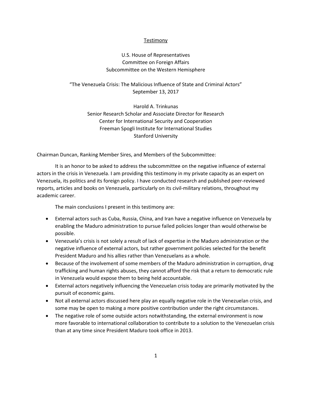 The Venezuela Crisis: the Malicious Influence of State and Criminal Actors” September 13, 2017