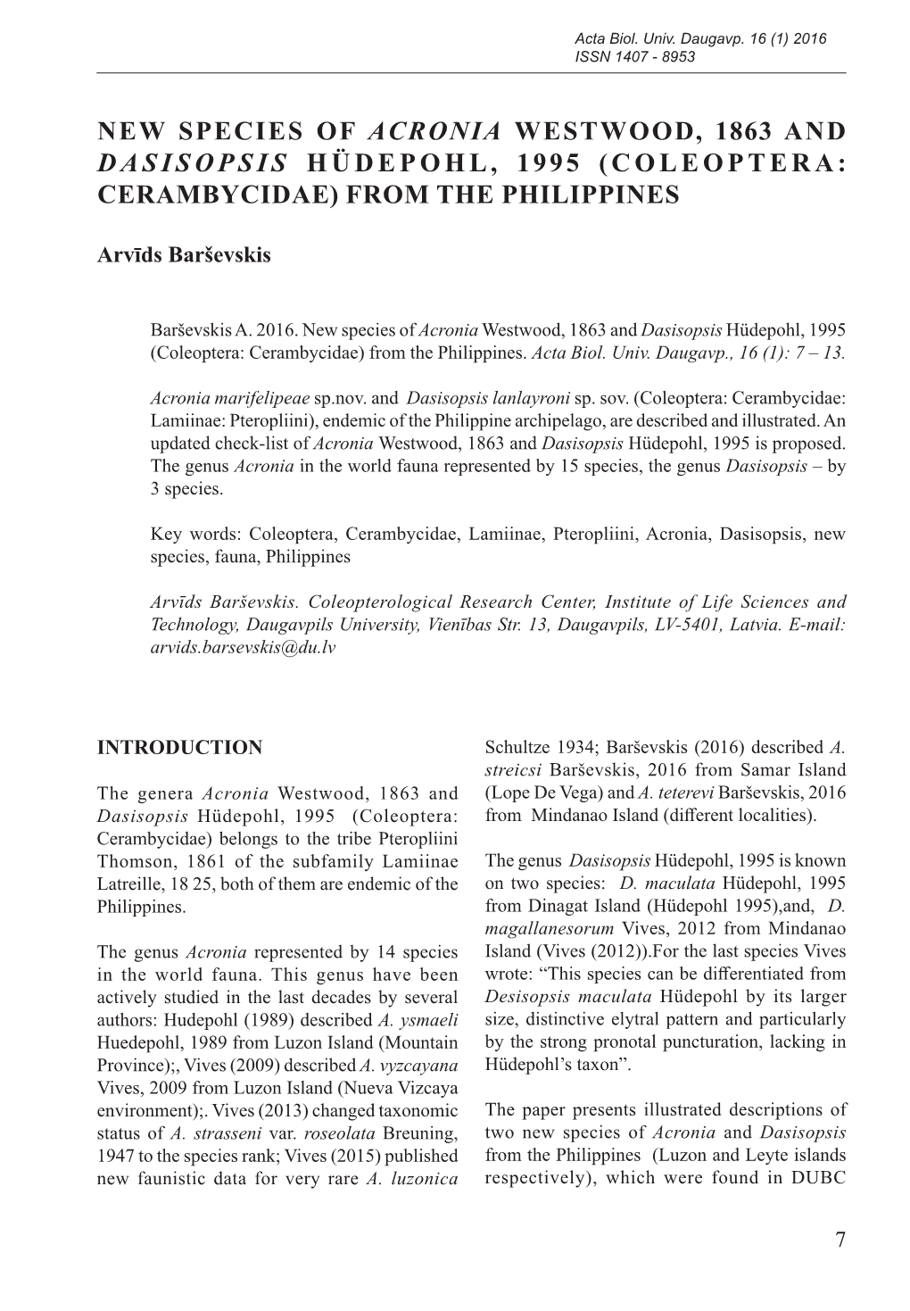 New Species of Acronia Westwood, 1863 and Dasisopsis Hüdepohl, 1995 (Coleoptera: Cerambycidae) from the Philippines