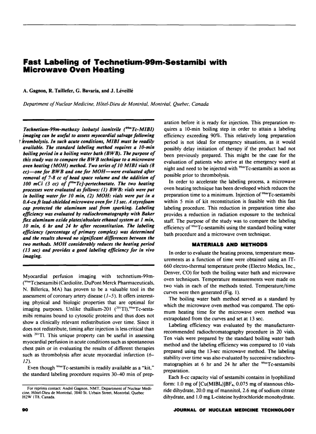 Fast Labeling of Technetium-99M-Sestamibi with Microwave Oven Heating