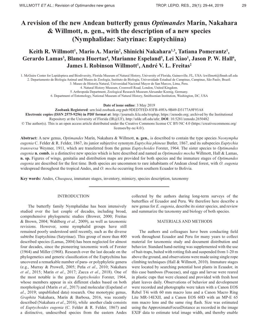 A Revision of the New Andean Butterfly Genus Optimandes Marín