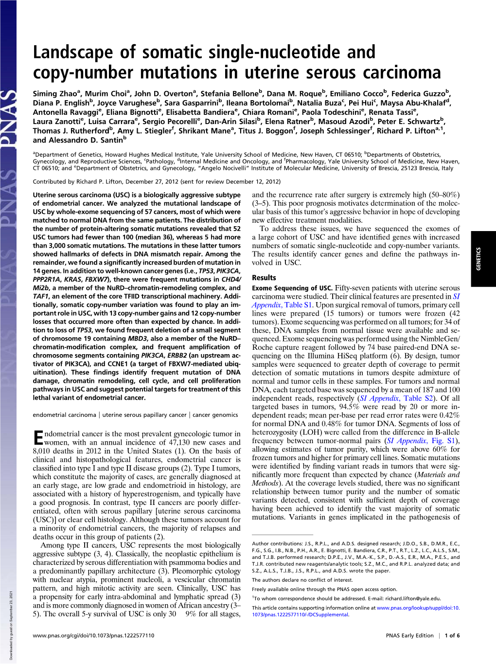 Landscape of Somatic Single-Nucleotide and Copy-Number Mutations in Uterine Serous Carcinoma