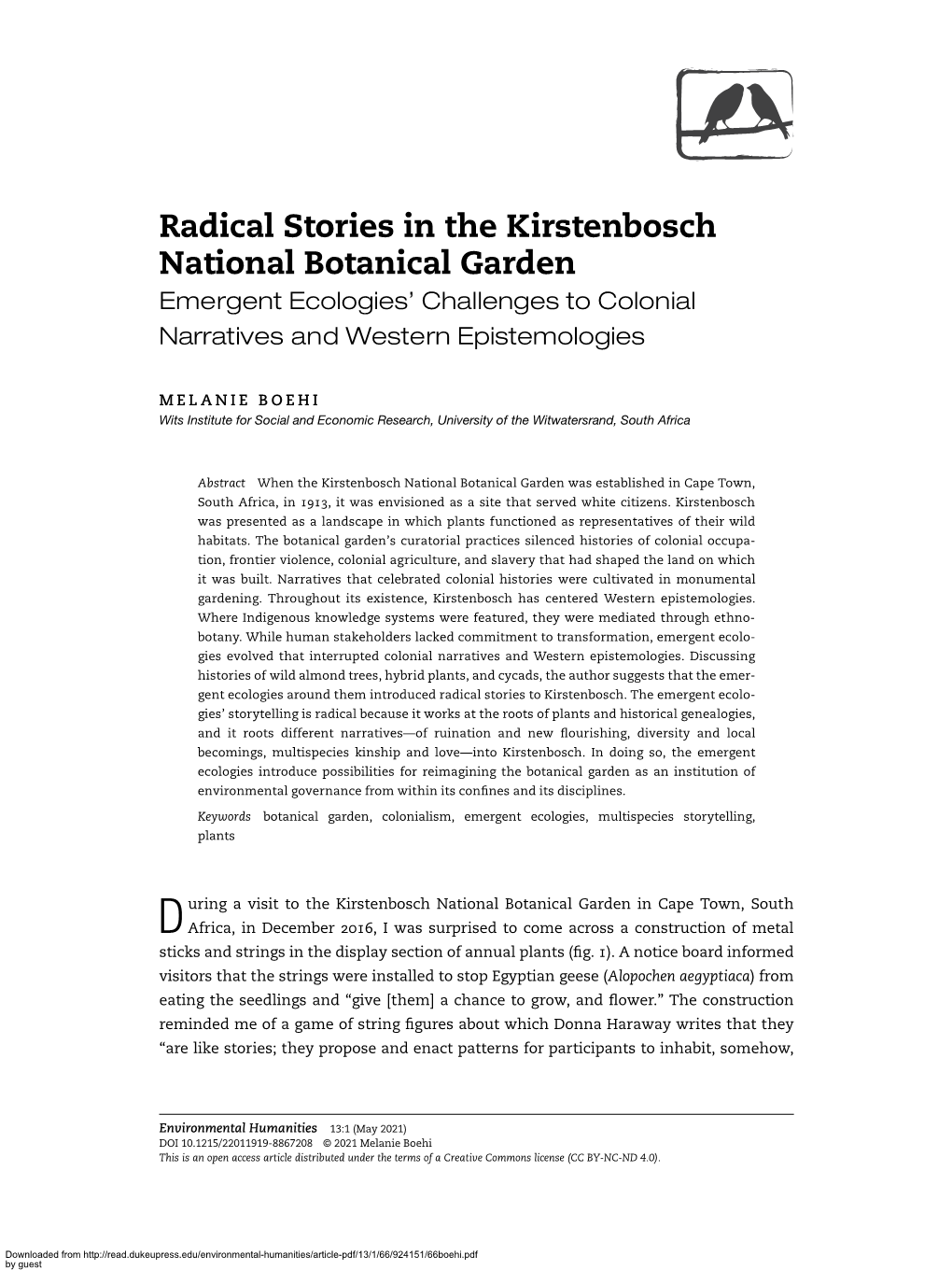 Radical Stories in the Kirstenbosch National Botanical Garden Emergent Ecologies’ Challenges to Colonial Narratives and Western Epistemologies