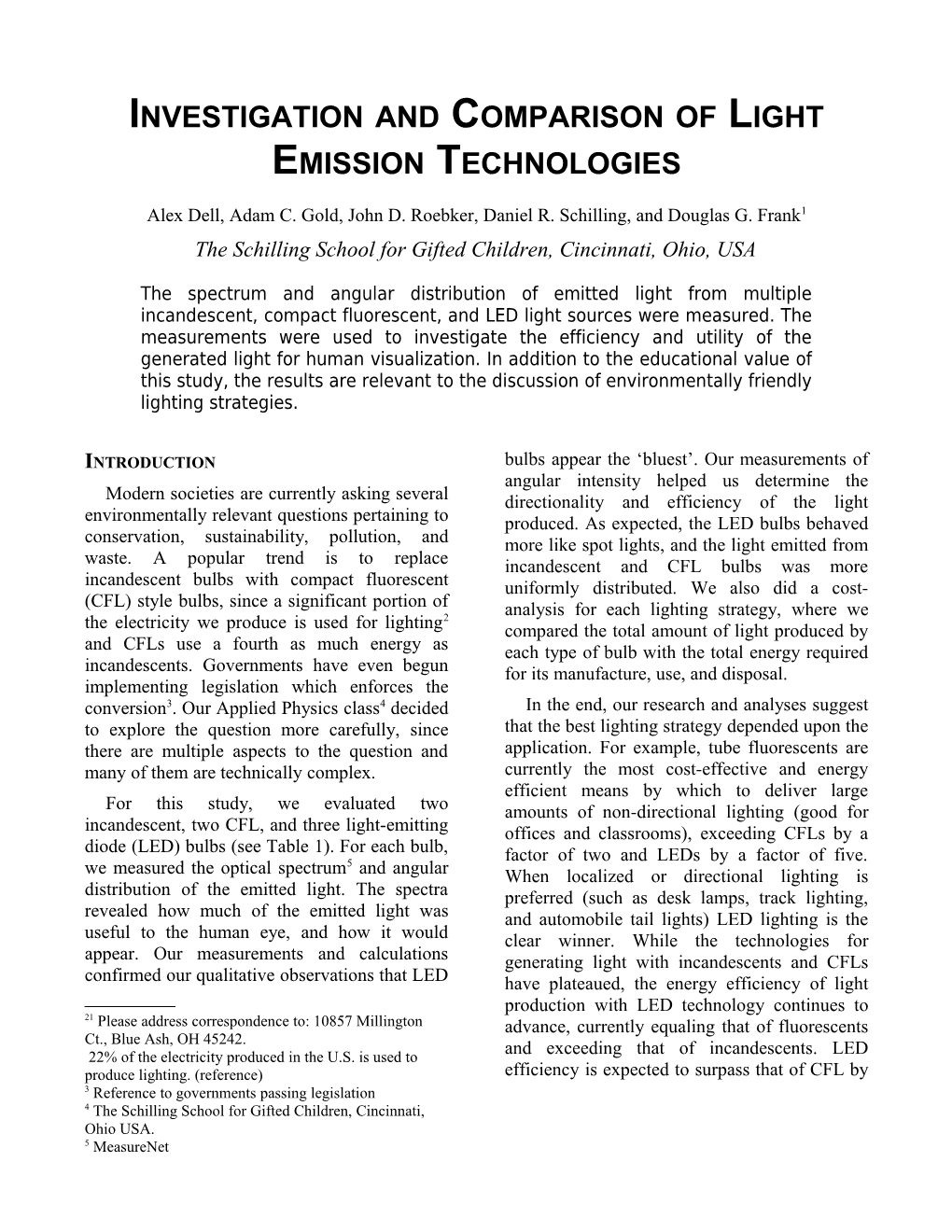 Measurement and Analysis of Light Emission
