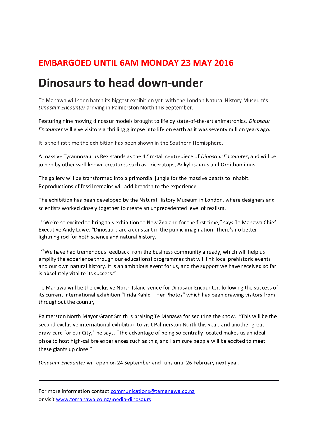 Dinosaurs to Head Down-Under