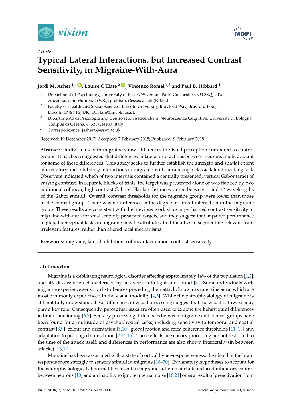 Typical Lateral Interactions, but Increased Contrast Sensitivity, in Migraine-With-Aura