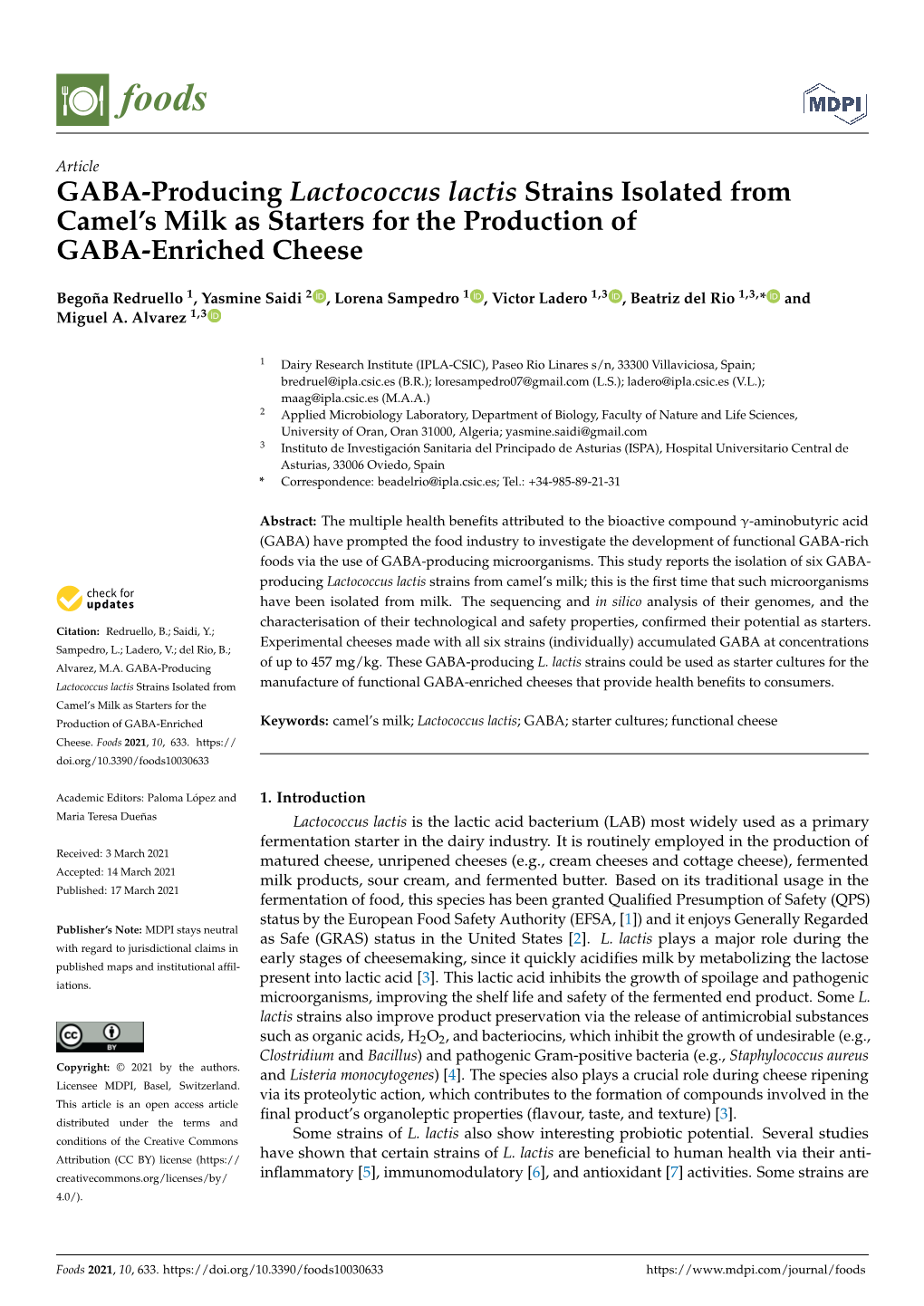 GABA-Producing Lactococcus Lactis Strains Isolated from Camel's Milk