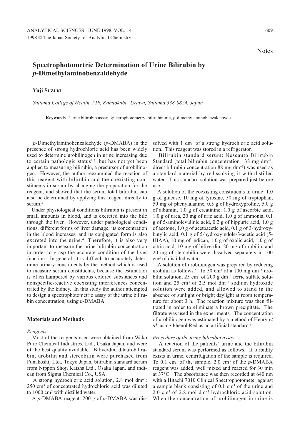 Spectrophotometric Determination of Urine Bilirubin by P-Dimethylaminobenzaldehyde
