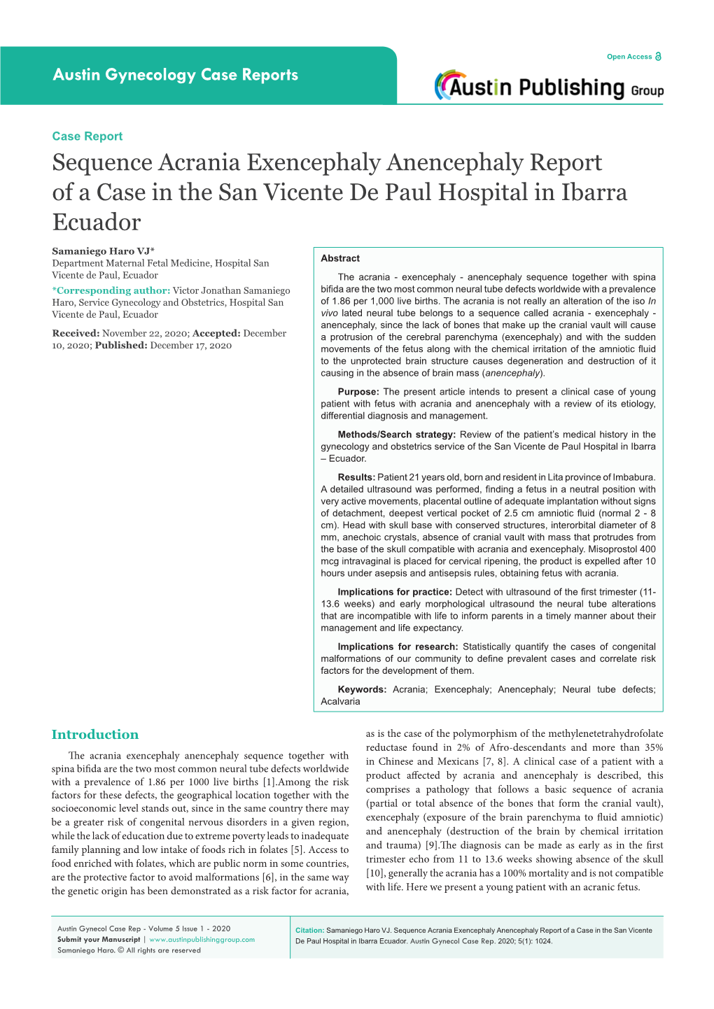 Sequence Acrania Exencephaly Anencephaly Report of a Case in the San Vicente De Paul Hospital in Ibarra Ecuador