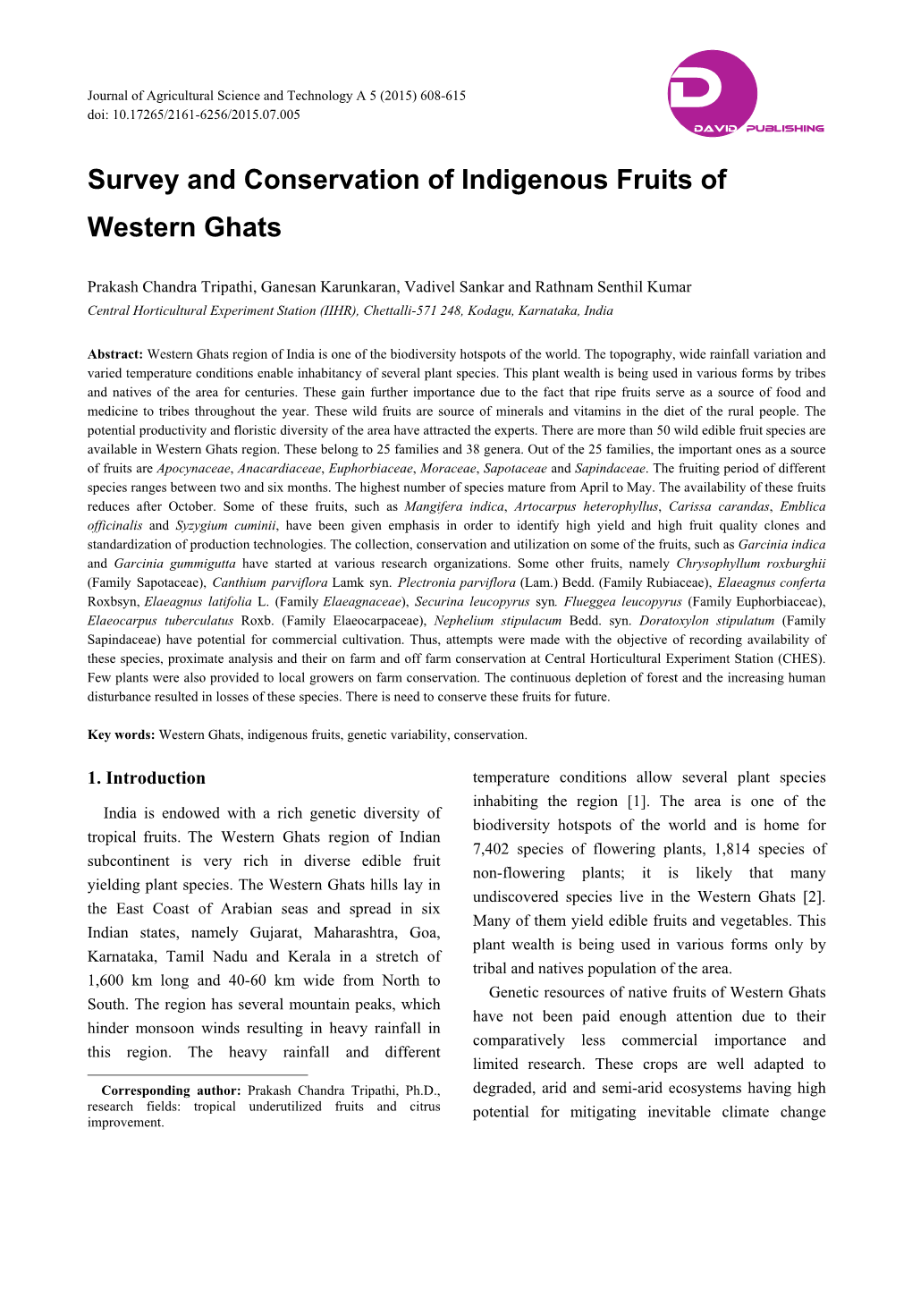 Survey and Conservation of Indigenous Fruits of Western Ghats