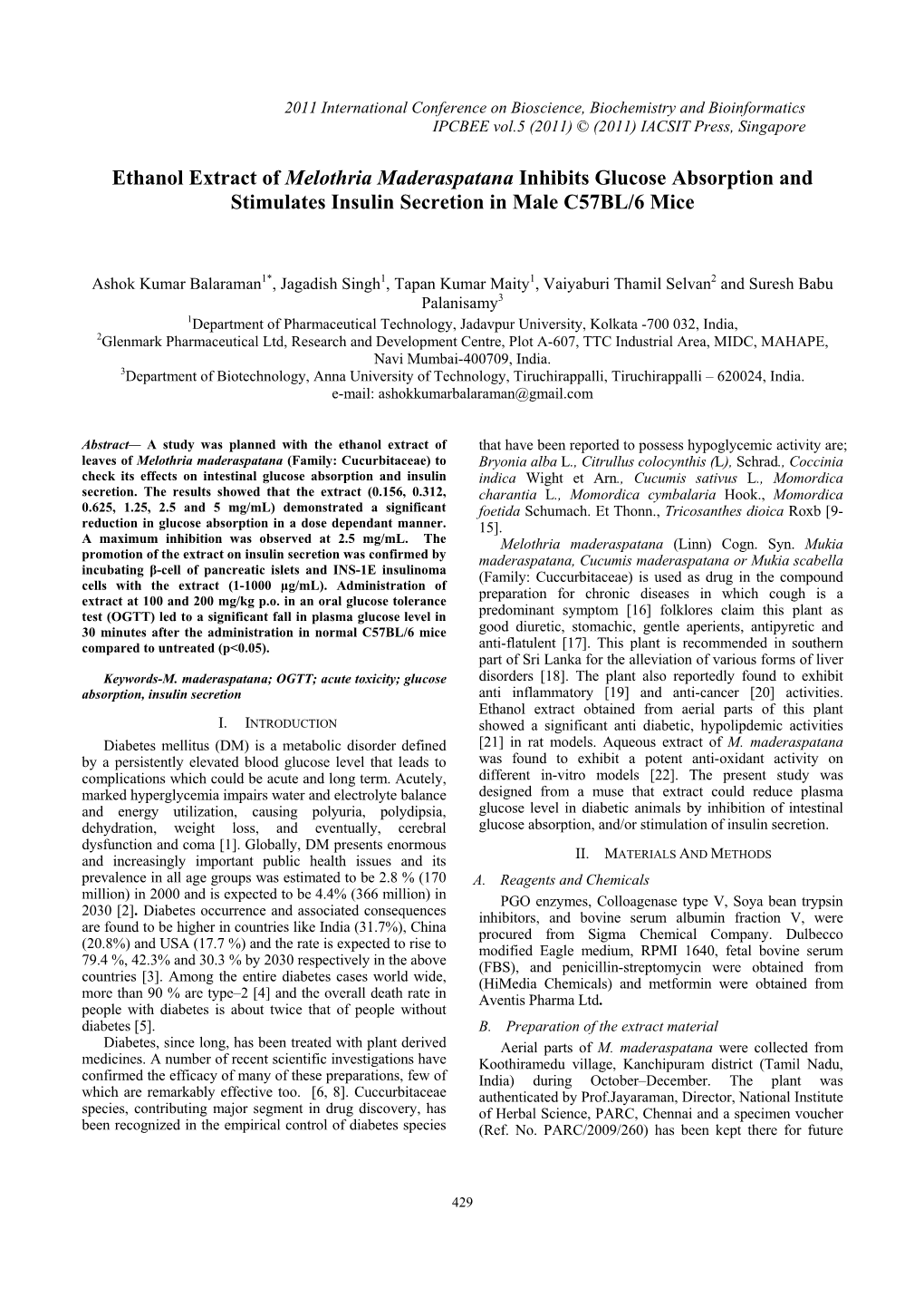 Ethanol Extract of Melothria Maderaspatana Inhibits Glucose Absorption and Stimulates Insulin Secretion in Male C57BL/6 Mice