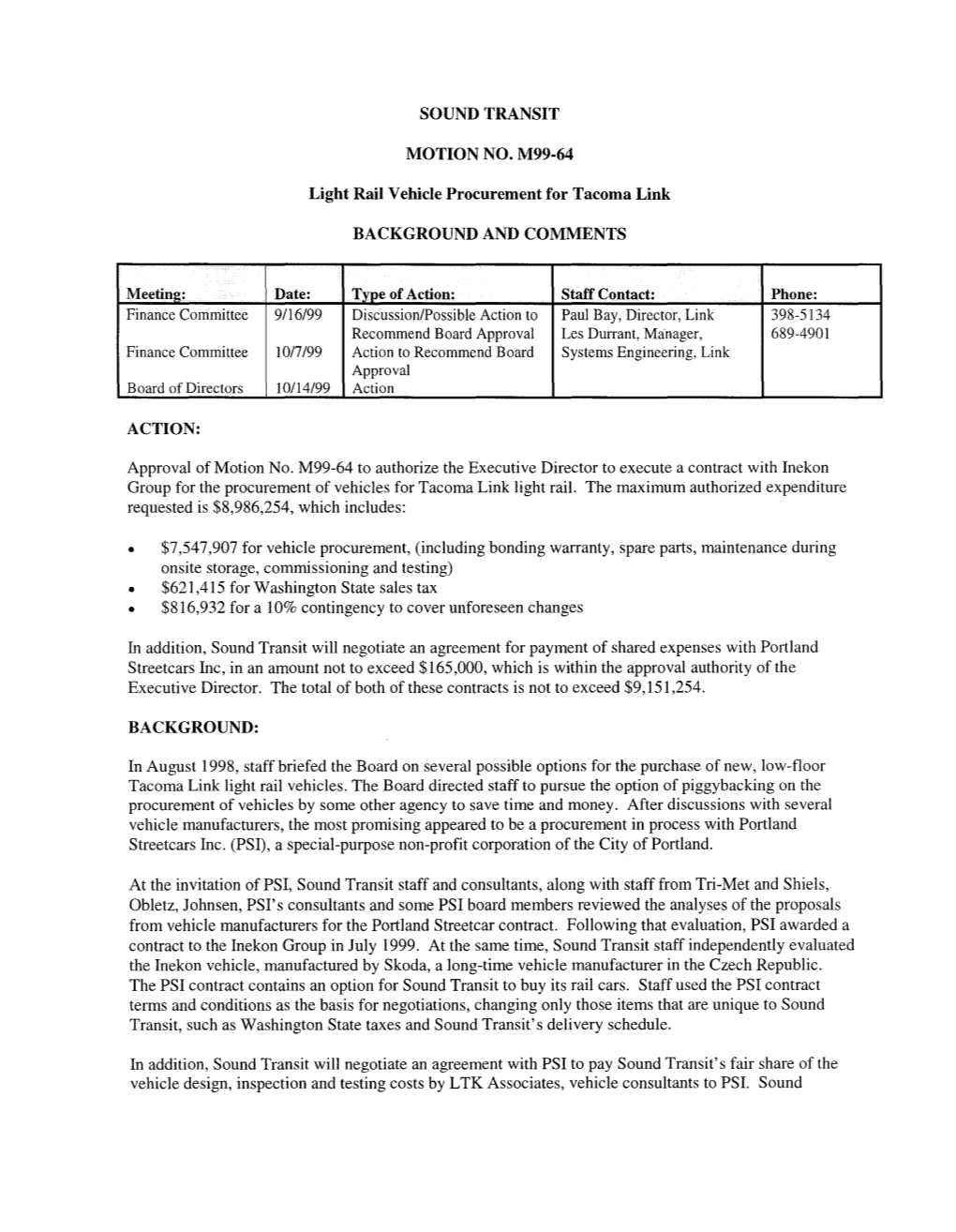 SOUND TRANSIT MOTION NO. M99-64 Light Rail Vehicle