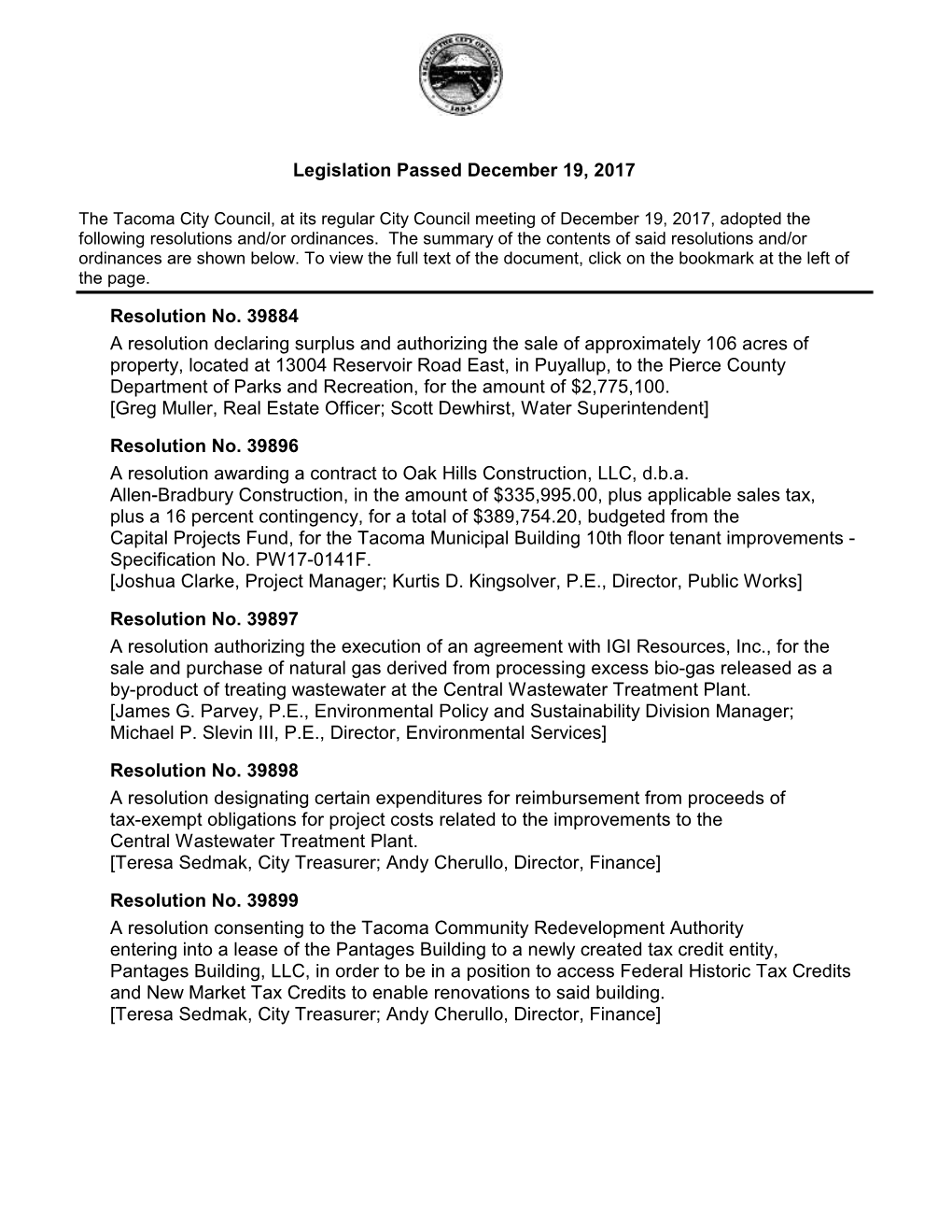 Legislation Passed December 19, 2017 Resolution No. 39884 A