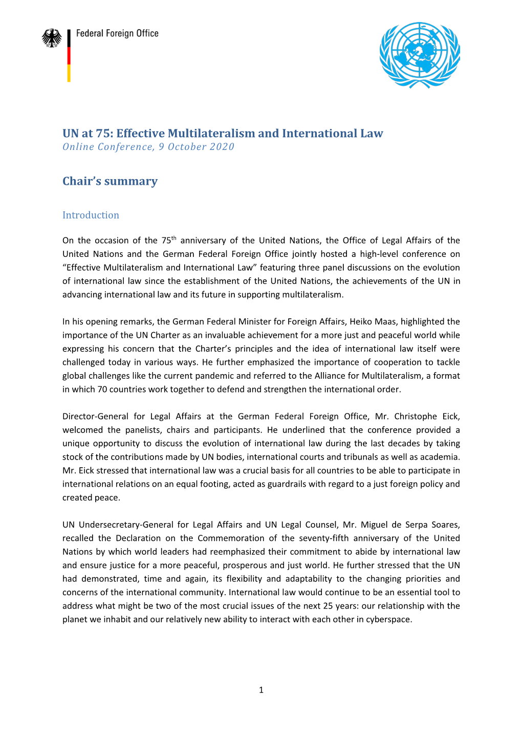 UN at 75: Effective Multilateralism and International Law Chair's Summary