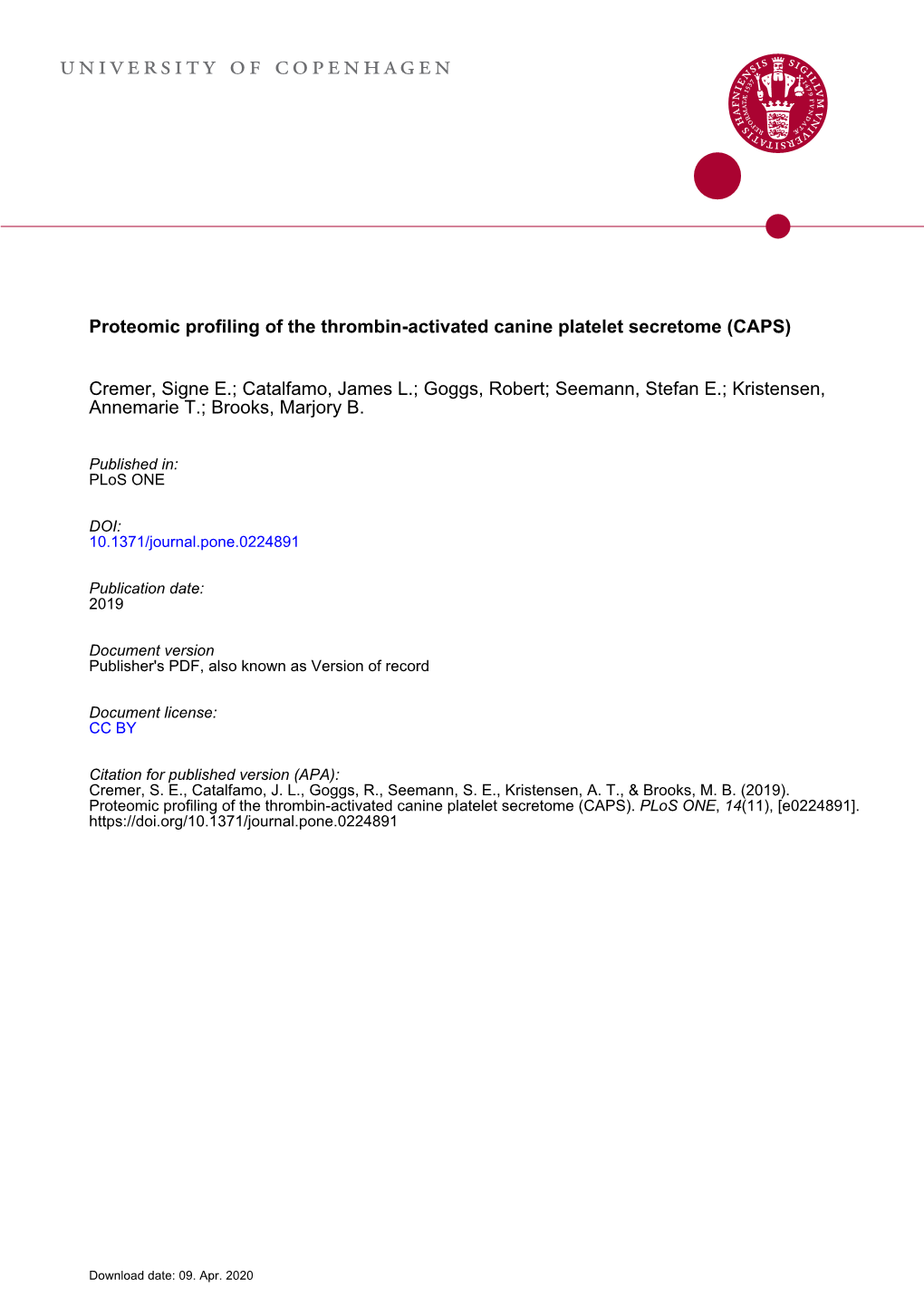 Proteomic Profiling of the Thrombin-Activated Canine Platelet Secretome (CAPS)