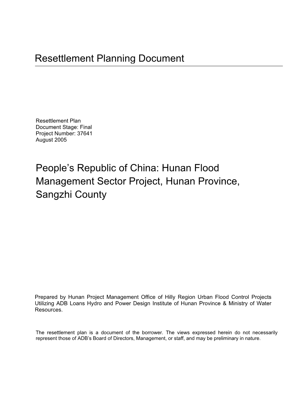 Hunan Flood Management Sector Project, Hunan Province, Sangzhi County