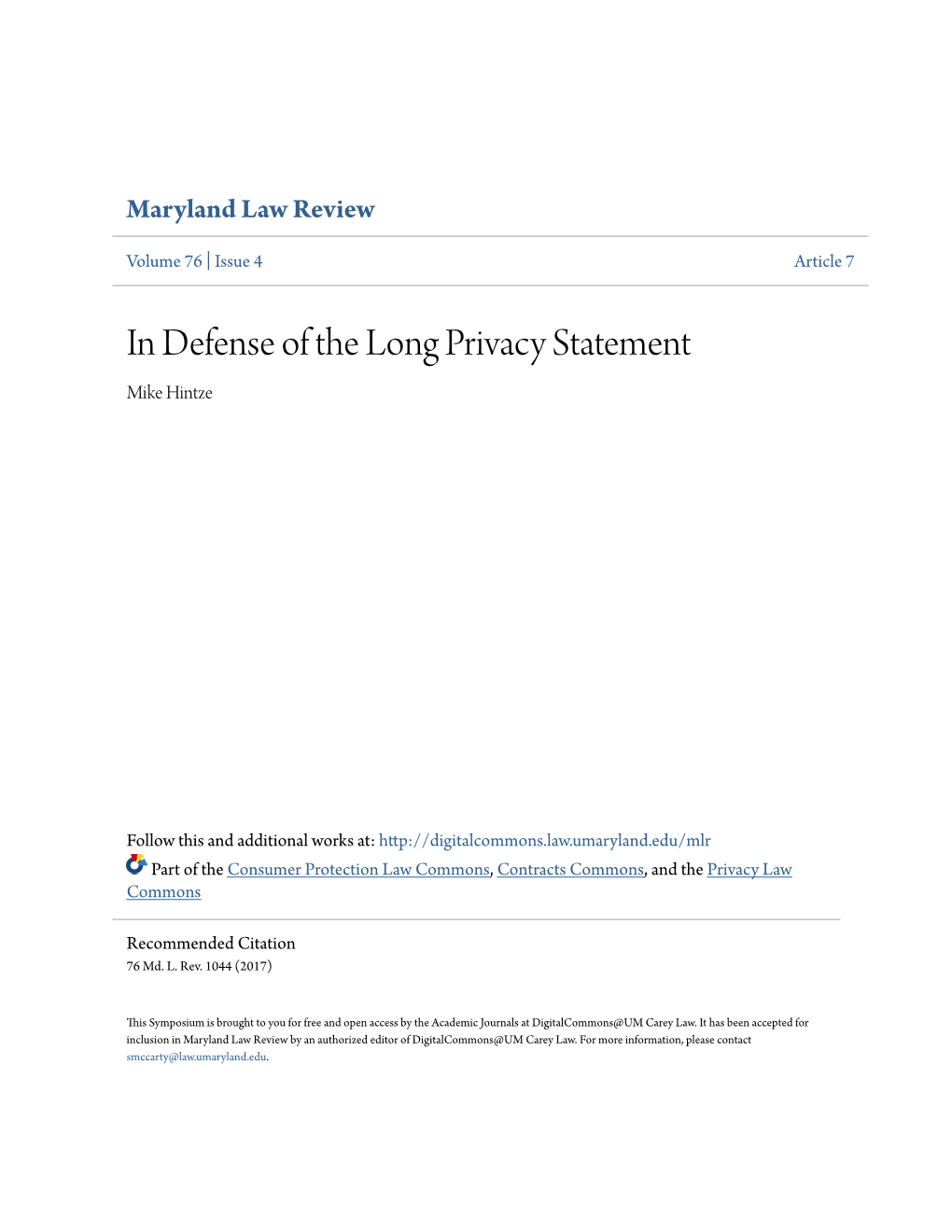 In Defense of the Long Privacy Statement Mike Hintze