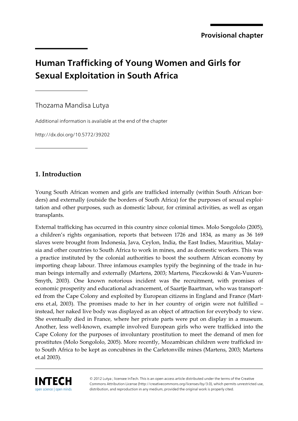 Human Trafficking of Young Women and Girls for Sexual Exploitation in South Africa