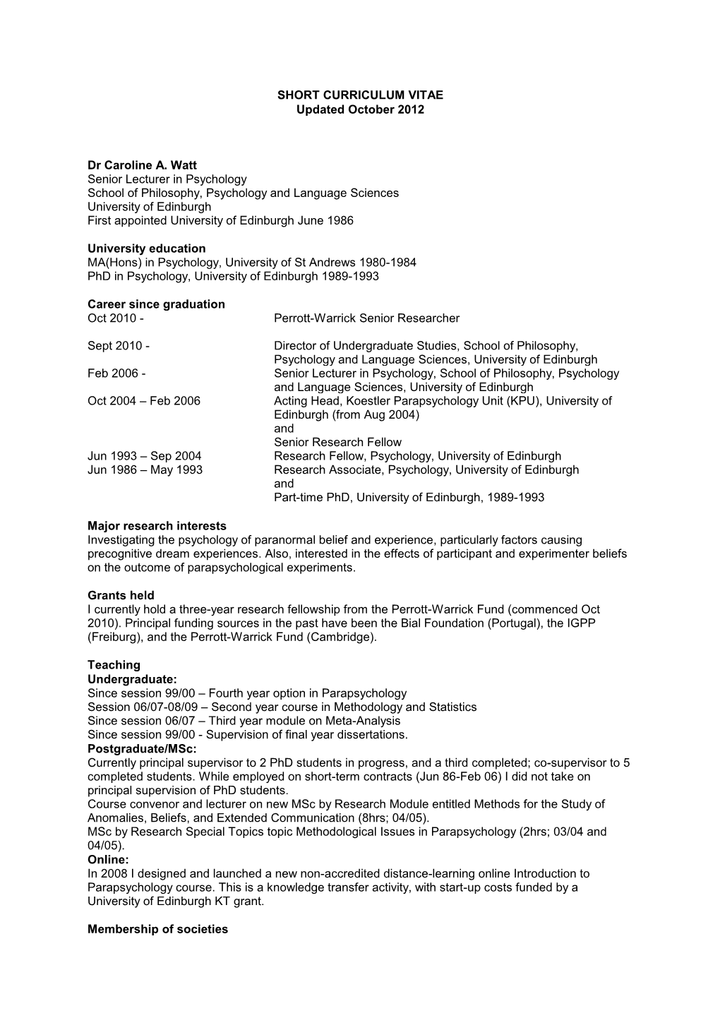 CURRICULUM VITAE Updated October 2012