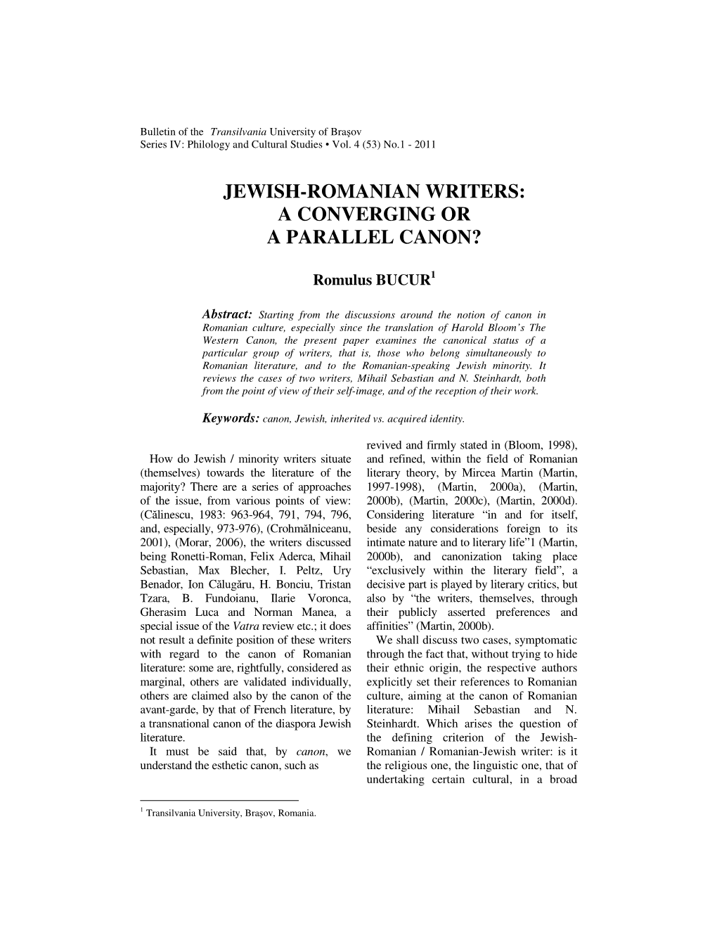 Bucur, R. Jewish-Romanian Writers: a Converging Or a Parallel Canon