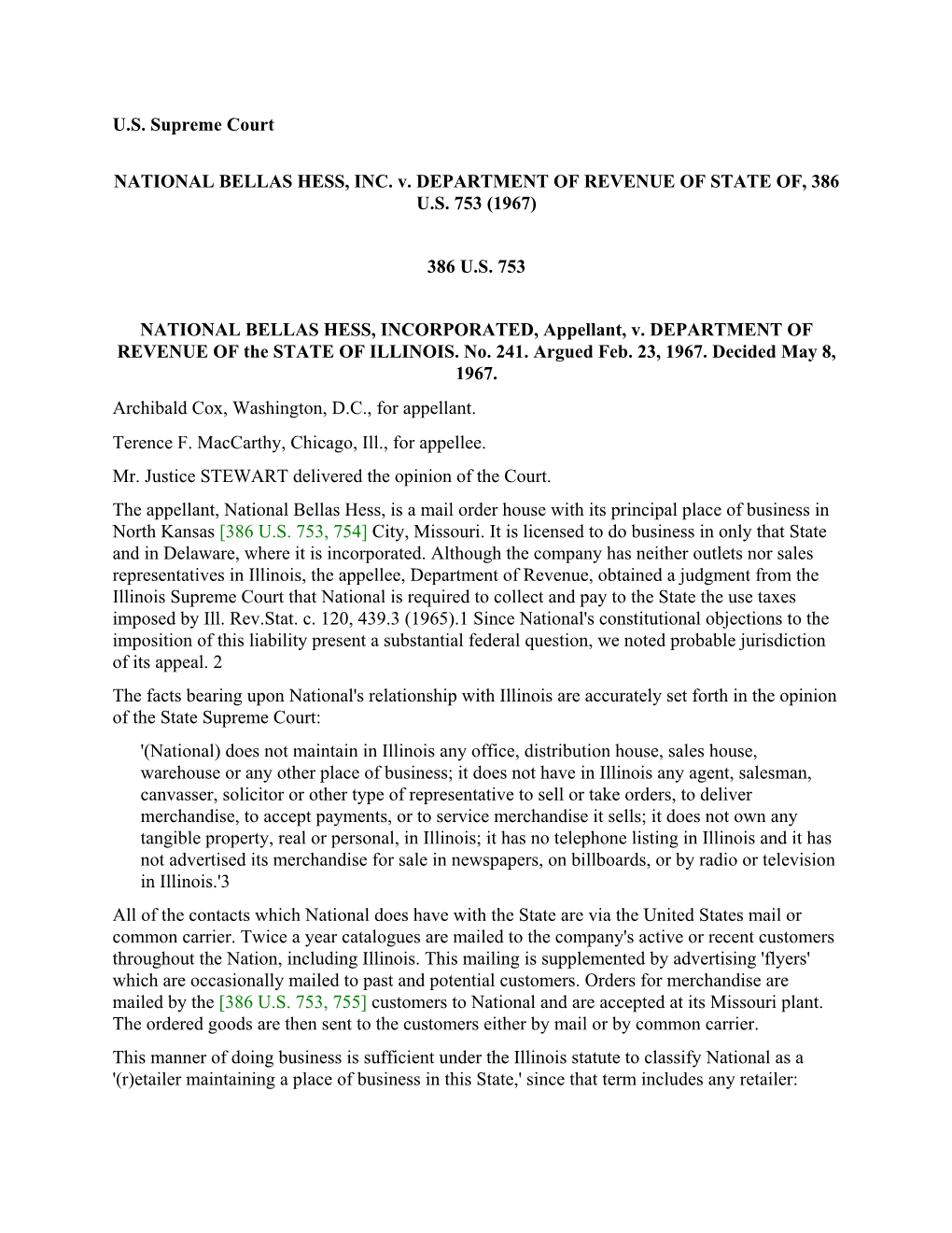 National Bellas Hess V. Dep't of Revenue of Illinois, 386 U.S