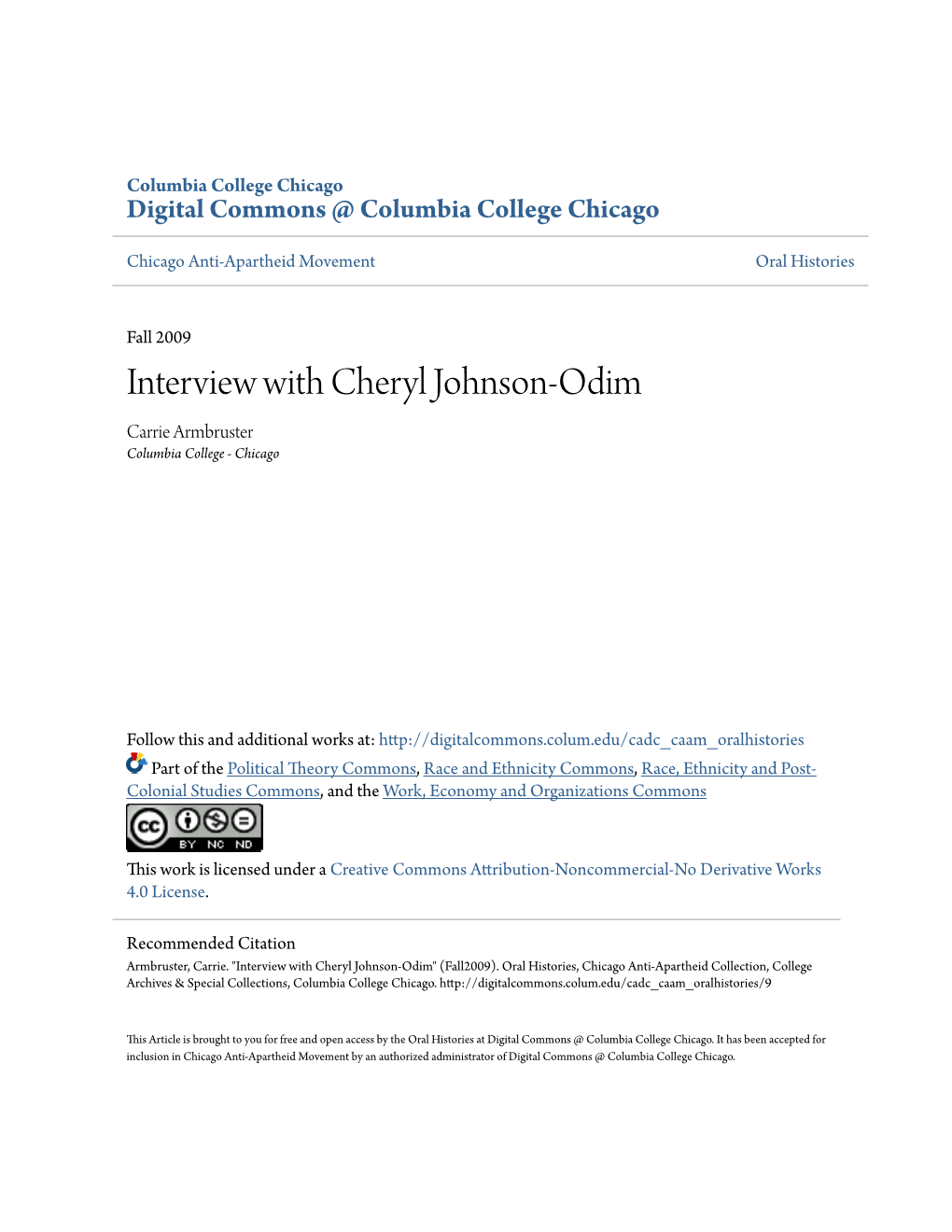 Interview with Cheryl Johnson-Odim Carrie Armbruster Columbia College - Chicago