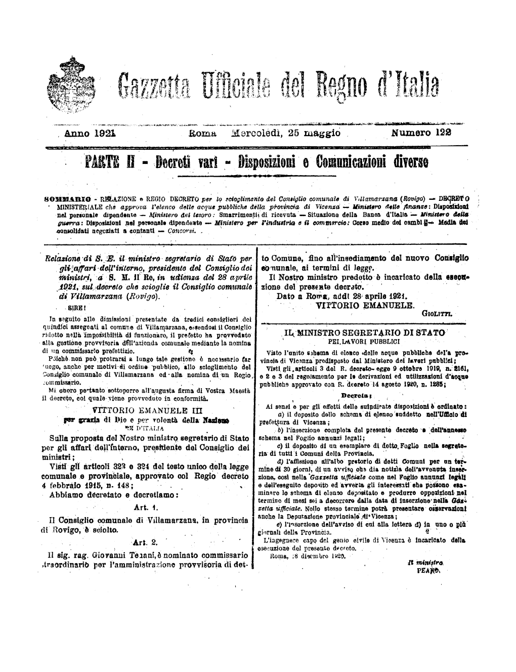Gazzetta Ufficiale Del Regno D'italia N. 122 Del 25 Maggio 1921 Parte Seconda O Annunzi Legali