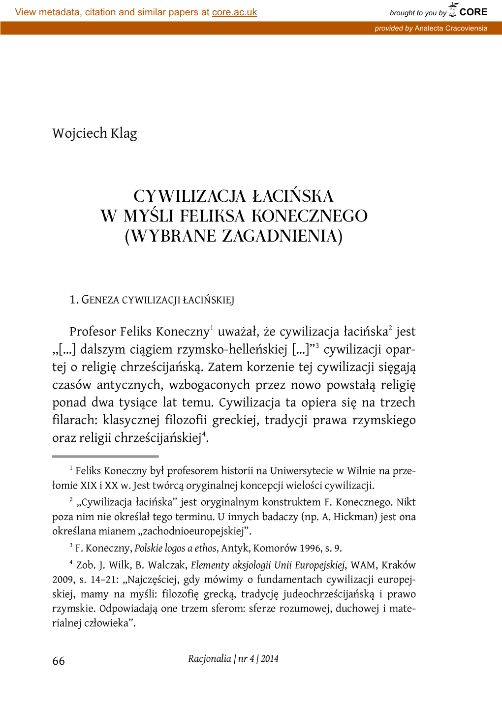 Cywilizacja Łacińska W Myśli Feliksa Konecznego (Wybrane Zagadnienia)