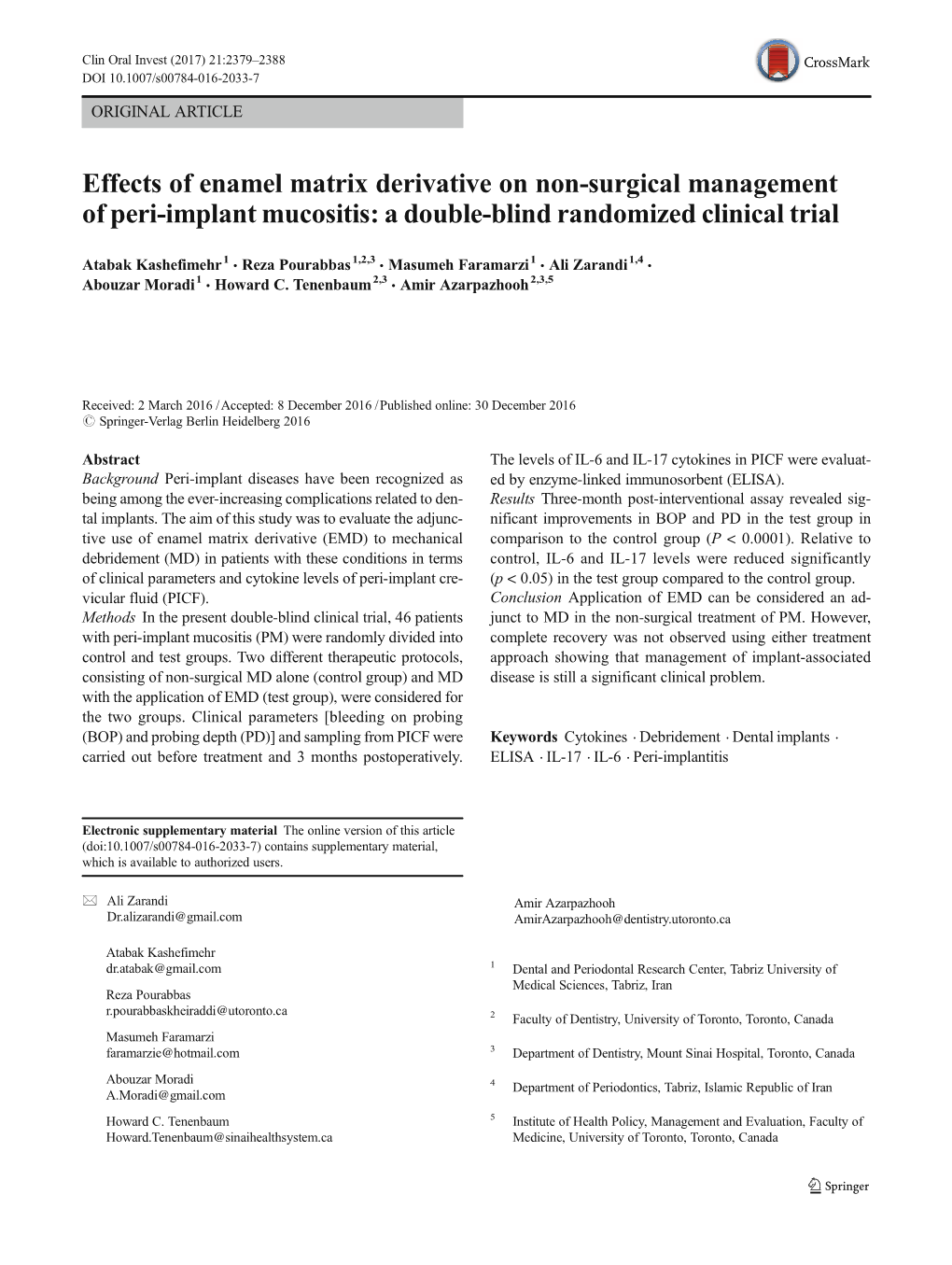 Effects of Enamel Matrix Derivative on Non-Surgical Management of Peri-Implant Mucositis: a Double-Blind Randomized Clinical Trial