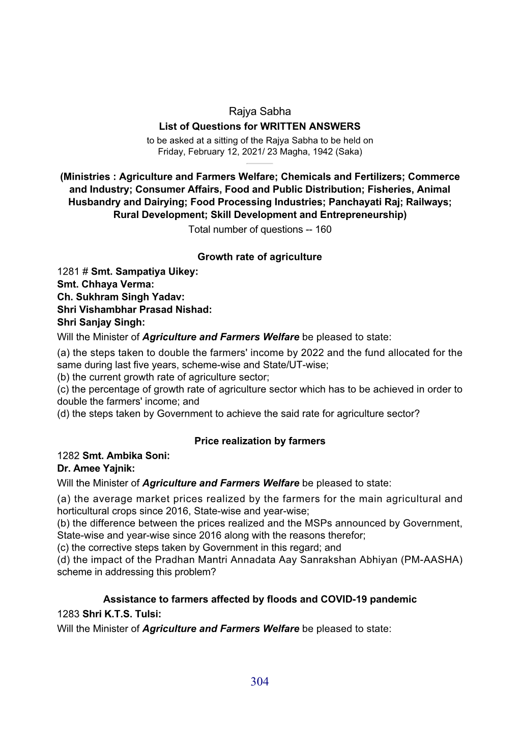 Rajya Sabha List of Questions for WRITTEN ANSWERS to Be Asked at a Sitting of the Rajya Sabha to Be Held on Friday, February 12, 2021/ 23 Magha, 1942 (Saka)