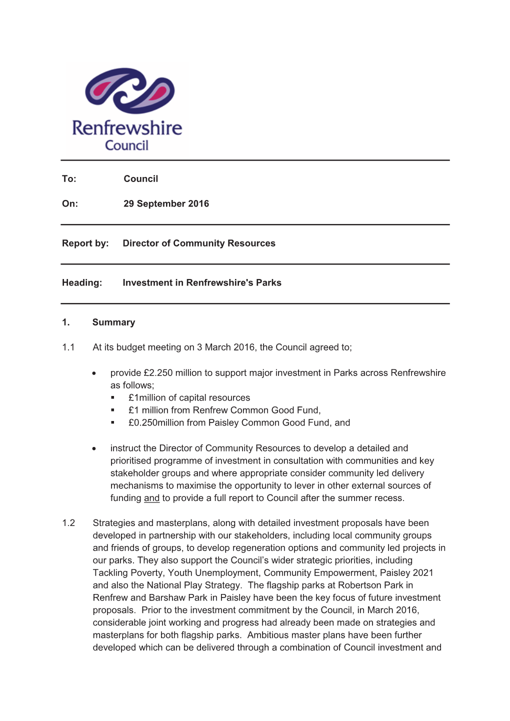 Investment in Renfrewshire's Parks 1. Summ