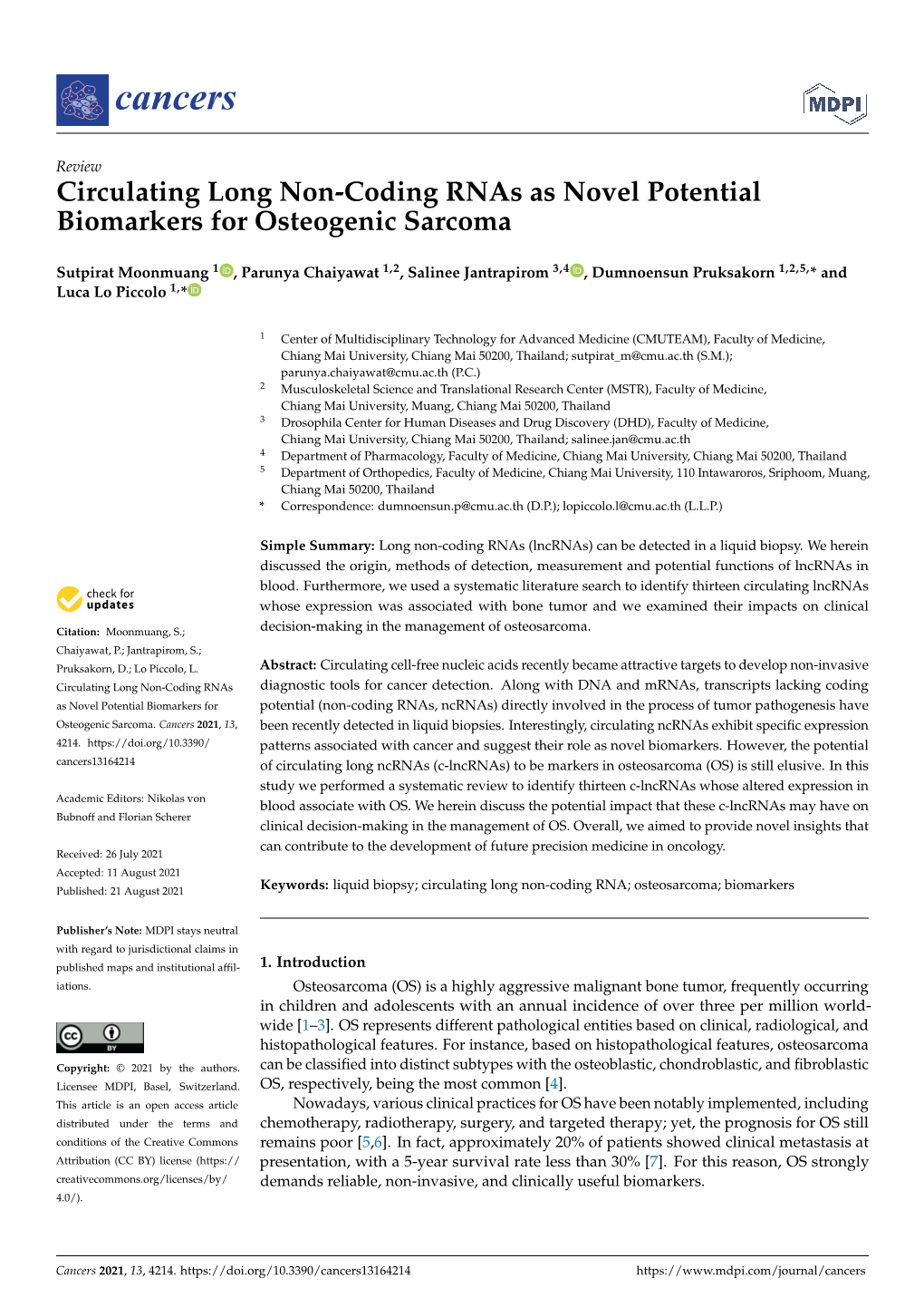 Circulating Long Non-Coding Rnas As Novel Potential Biomarkers for Osteogenic Sarcoma