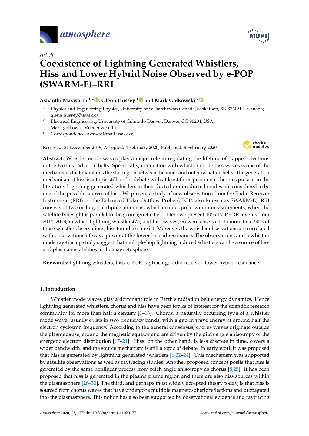 Coexistence of Lightning Generated Whistlers, Hiss and Lower Hybrid Noise Observed by E-POP (SWARM-E)–RRI