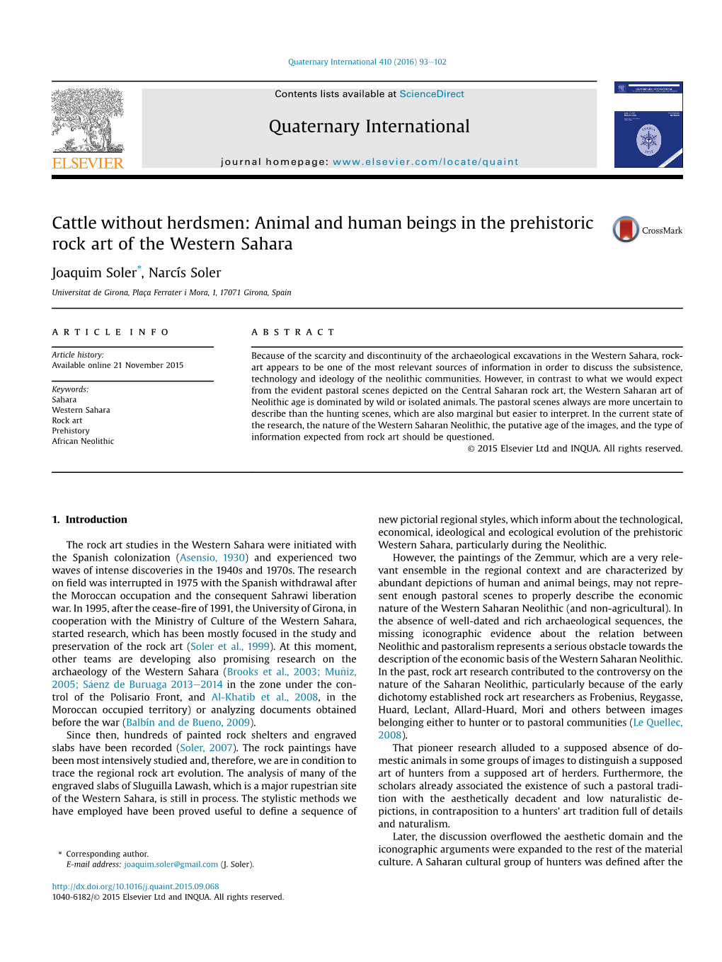 Animal and Human Beings in the Prehistoric Rock Art of the Western Sahara