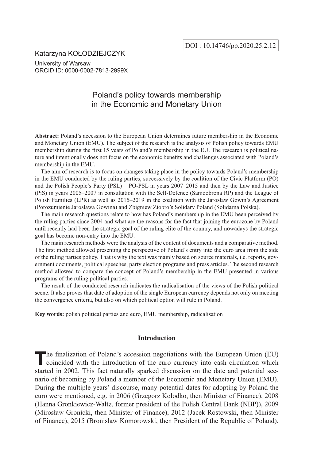 Poland's Policy Towards Membership in the Economic and Monetary Union