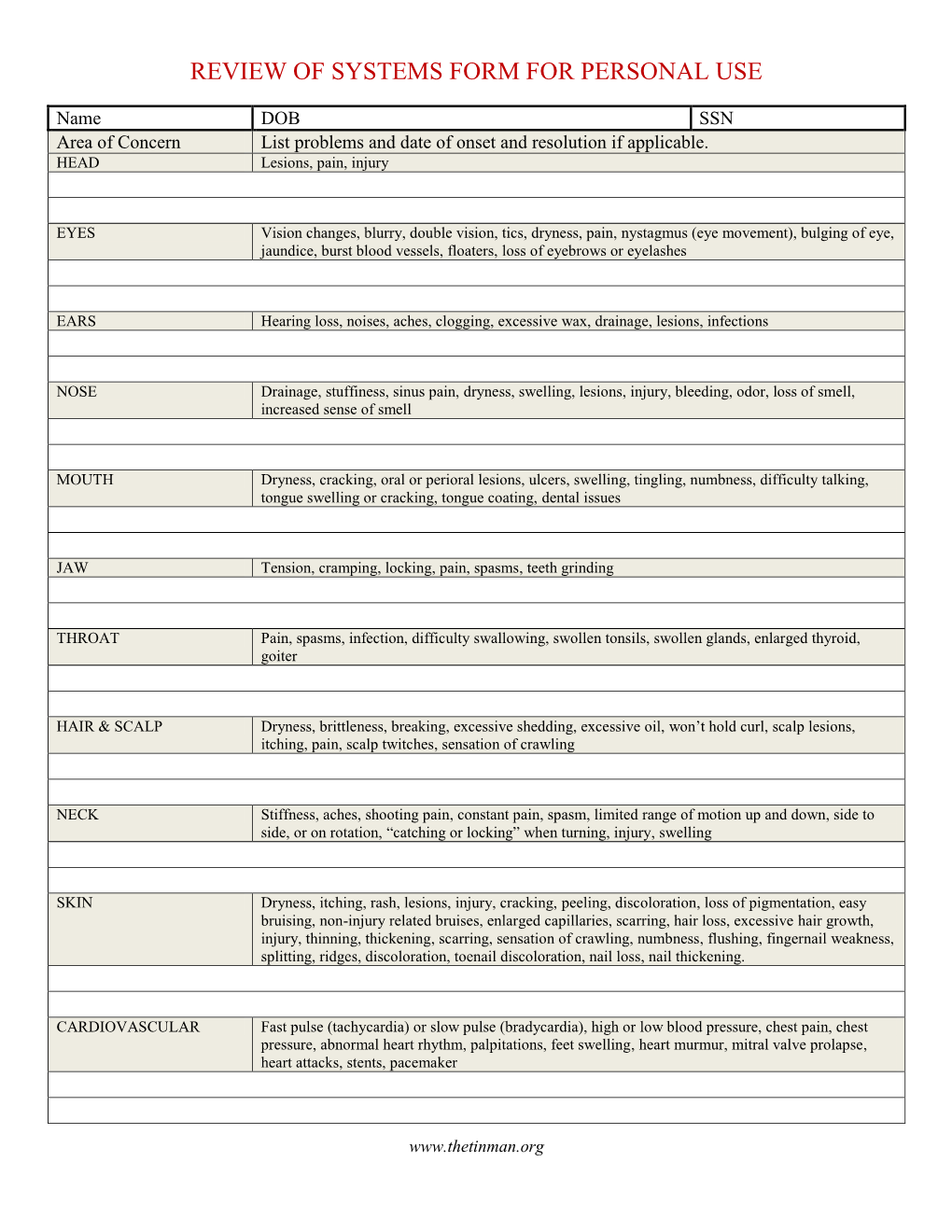 Review of Systems Form for Personal Use