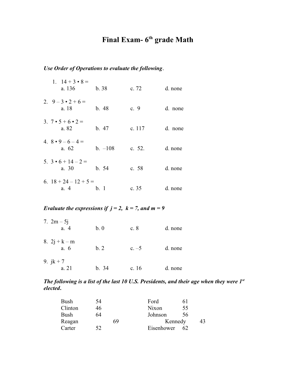 Final Exam- 6Th Grade Math