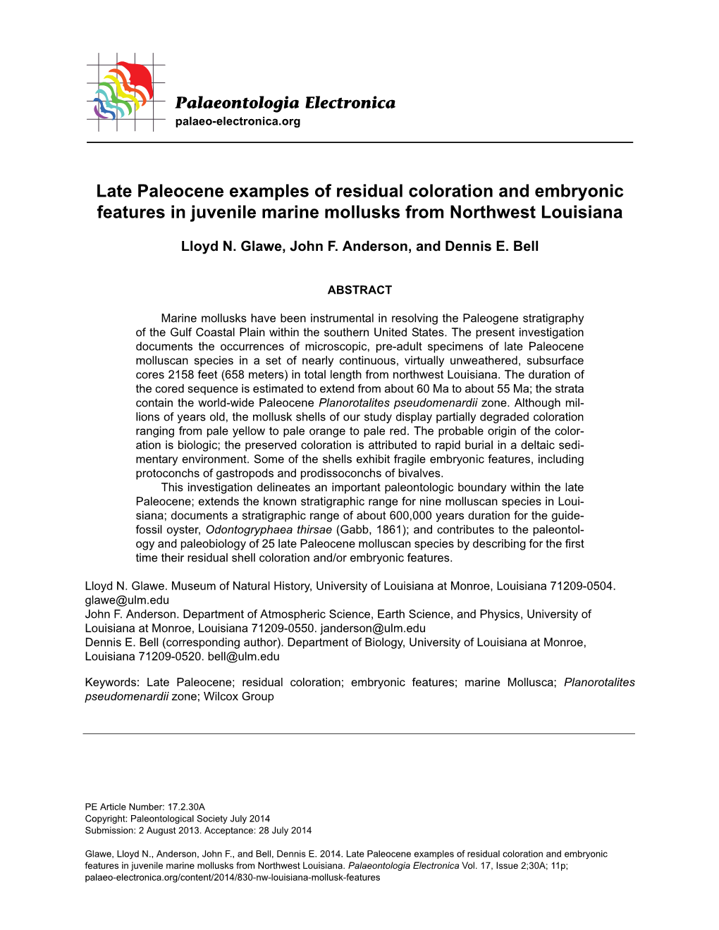 Late Paleocene Examples of Residual Coloration and Embryonic Features in Juvenile Marine Mollusks from Northwest Louisiana