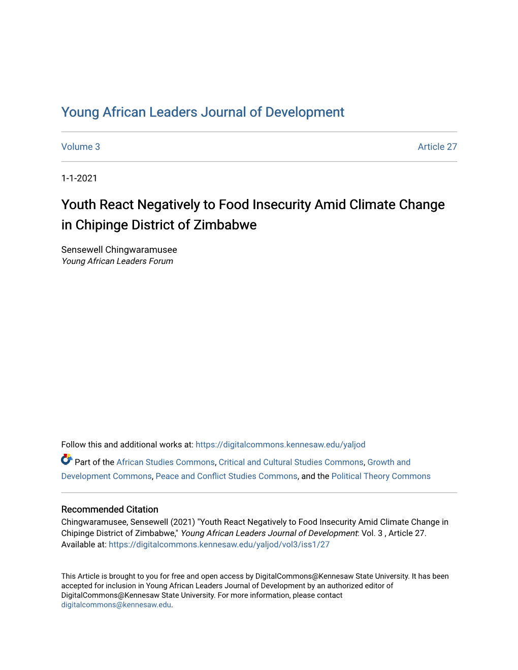 Youth React Negatively to Food Insecurity Amid Climate Change in Chipinge District of Zimbabwe
