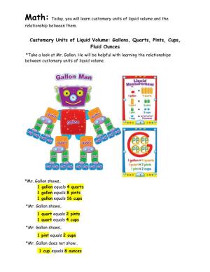 Customary Units of Liquid Volume: Gallons, Quarts, Pints, Cups, Fluid Ounces *Take a Look at Mr