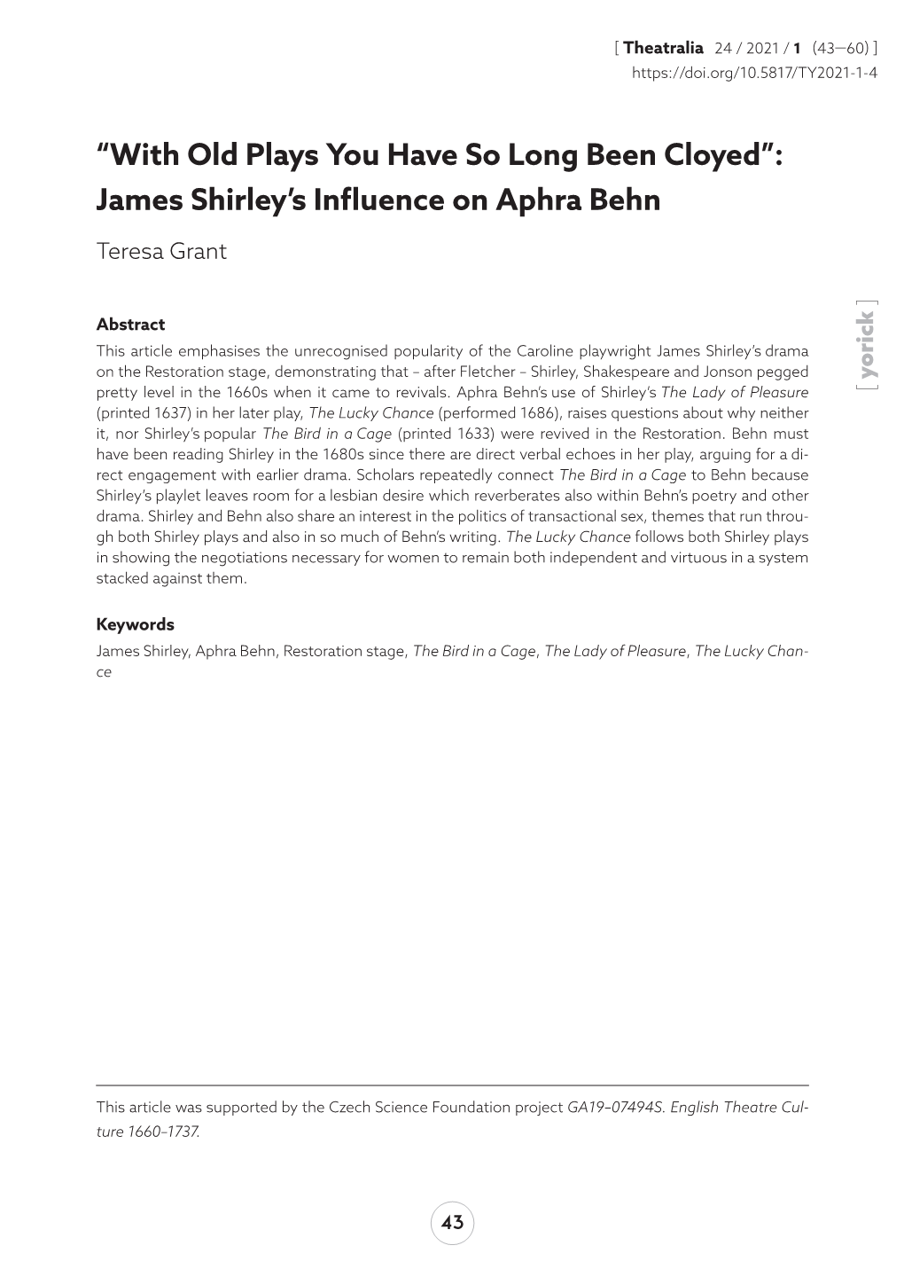 James Shirley's Influence on Aphra Behn