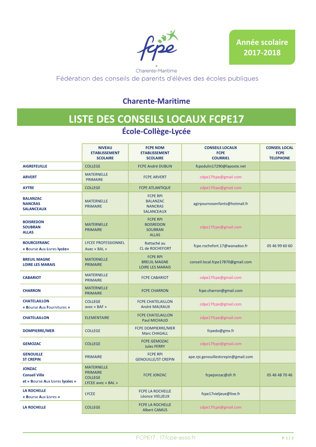 Charente-Maritime LISTE DES CONSEILS LOCAUX FCPE17